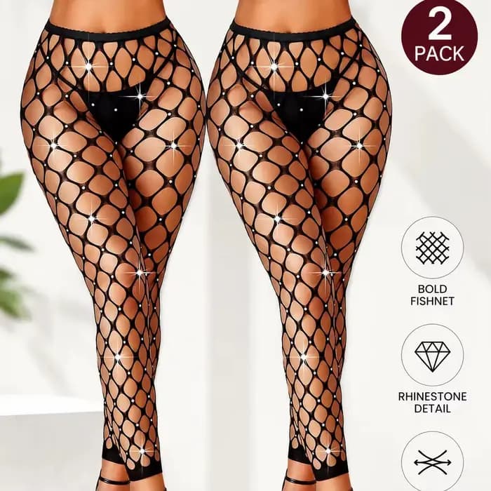 2 Paires de Collants Résille à Strass Taille Haute, Très Extensibles, Amincissants, Style Sexy, Resp