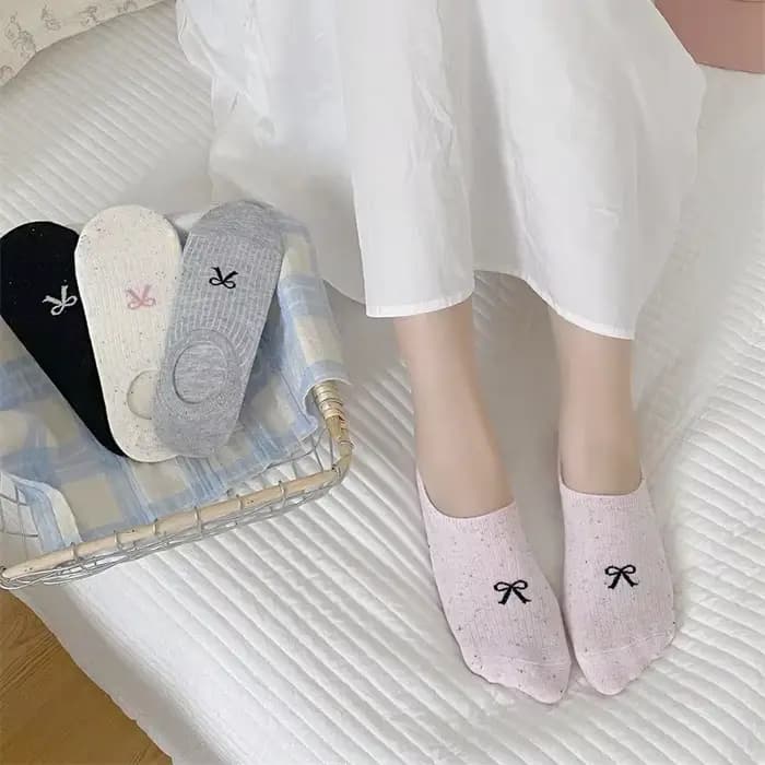 Chaussettes d'été en fil à pois fins pour femmes, avec nœud papillon, respirantes, Anti-talon, en pur coton, simples, coupe basse, invisibles, peu profondes
