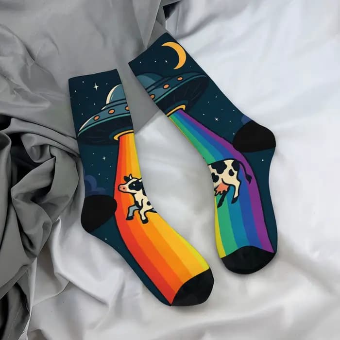 Chaussettes amusantes UFO arc-en-ciel vache rétro imprimé dessin animé