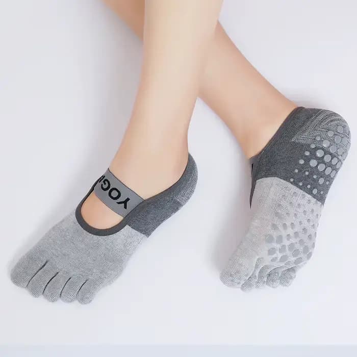 Chaussettes à bandes antidérapantes en coton pour femmes, pour exercice, Fitness, Pilates, à cinq orteils