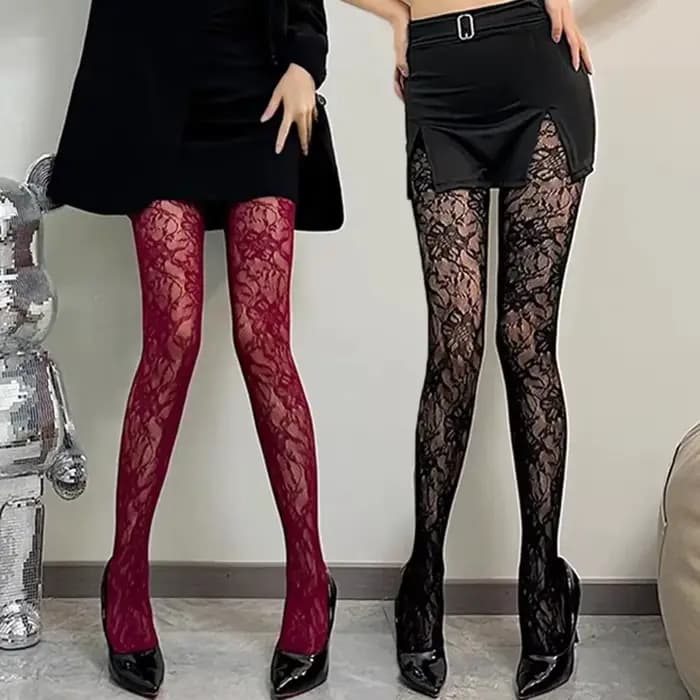 Fleur noire Lolita femmes chaussettes classique dentelle maille bas bas collants creux
