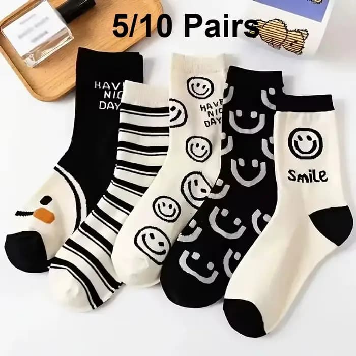 Happy Face-Chaussettes mi-tube en coton respirant pour femmes