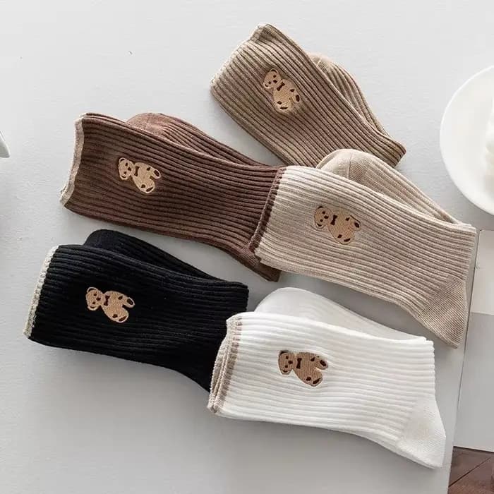 Chaussettes pour femmes à motif ours de dessin animé, style coréen décontracté, en coton doux, couleur café automne, Kawaii
