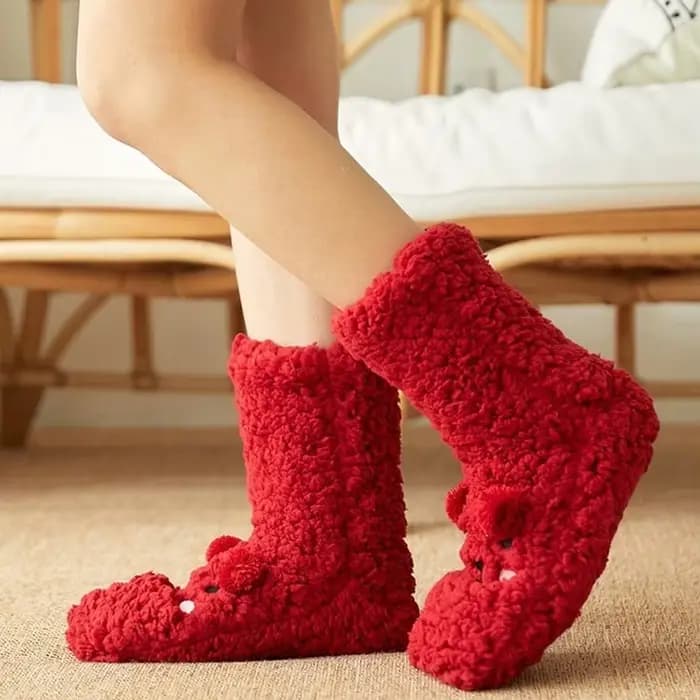 Femmes Kawaii ours chaussettes flou dormir chaud hiver corail polaire maison pantoufles mignon doux moelleux