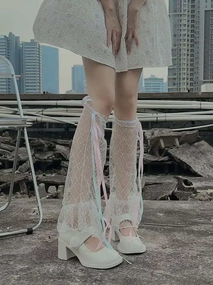 Chaussettes Lolita à nœud mi-tube, couvre-mollet, été au-dessus du genou, fines et douces pour filles, chaussettes longues creuses et Sexy pour femmes