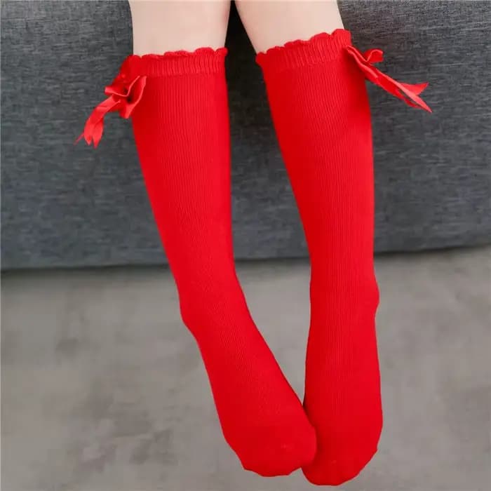 Chaussettes hautes en coton pour bébés filles de 0 à 7 ans, avec nœud mignon, couleur unie, respirantes