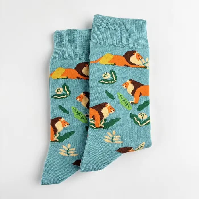 1 paire de chaussettes pour femmes, motif lion de la savane, couleur bleu menthe, bloc de couleur, mi-mollet, coton, tendance, dessin animé