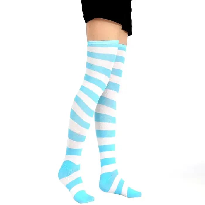 Kawaii japonais Anime sur le genou Cosplay bas Meias Lolita collants cuisse haute rayé bas bleu et blanc en vente