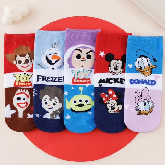 5 paires de chaussettes tricotées pour femmes, avec personnages de dessins animés Disney, style graffiti, pour l'été, légères et respirantes, chaussettes décontractées pour couple