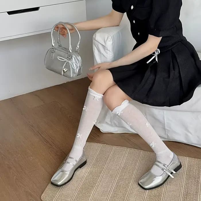 Sock Woman Summer Ballet Style Korean Ins Bow Knit Socks Micro Permeable Bubble Mouth JK Pile Calf