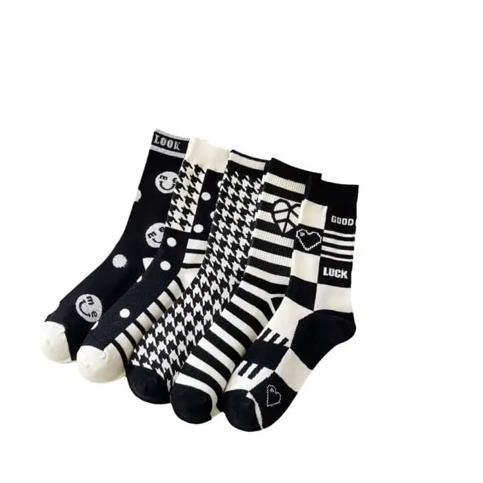 Femmes noir blanc laine chaussettes Plaid rétro vérifier fleur imprimé Harajuku filles chaussette femme hiver chaud