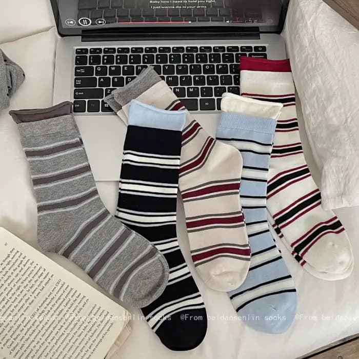 Printemps et été nouvelles chaussettes mi-tube rayées à Double nervure pour hommes et femmes bas de marque de mode de sport décontracté