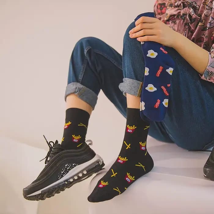Harajuku chaussettes heureuses hommes drôle dessin animé fruit avocat banane burger frites bière biscuit poulet frit