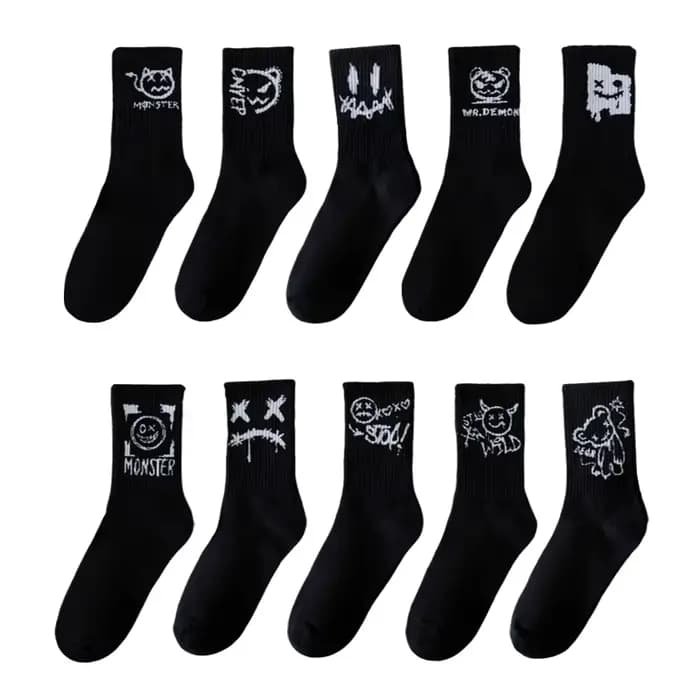 10 paires de chaussettes mi-longues pour hommes avec des visages amusants style graffiti