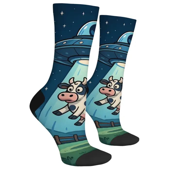 Harajuku Retro UFO Kidnapped Cow Pattern Men's Socks Comfortable Breathable Non-slip Casual Socks Novelty Street Crew Socks Gift
