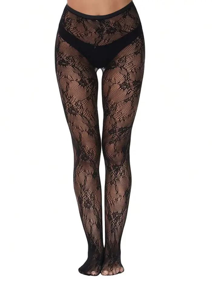 1 paire de collants pour femmes avec broderie florale et dentelle ajourée