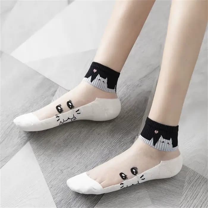 Dreamlikelin 5 paires/lot chaussettes d'été noir et blanc chat verre soie respirant femme