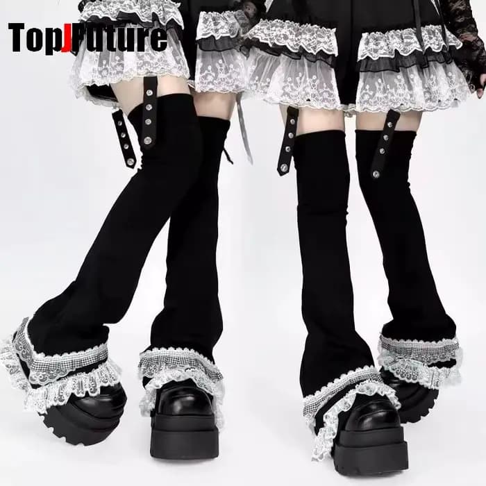 Femmes Y2k fille Patchwork dentelle à volants gothique Lolita sur genou haute chaussette Kawaii dentelle longues chaussettes couvre-pied Grunge Punk jambières