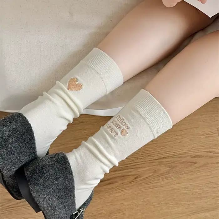 AB Style talon amour brodé mi Tube chaussettes pour femmes printemps été longue chaussette mode fille coton