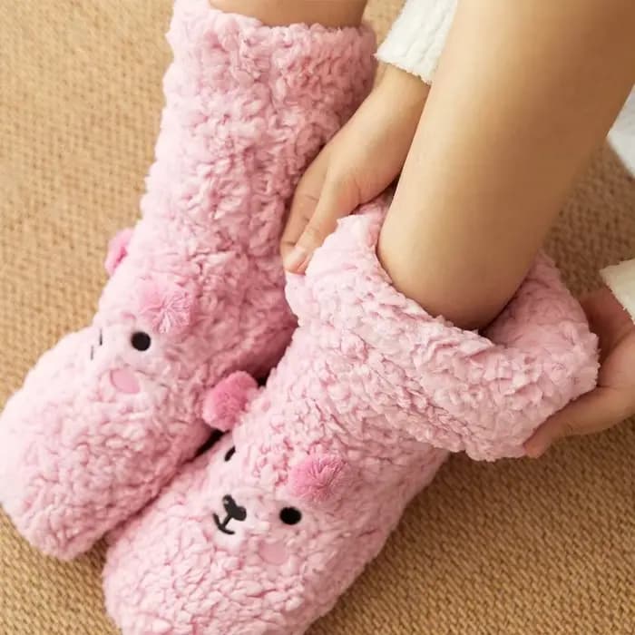 Femmes Kawaii ours chaussettes flou dormir chaud hiver corail polaire maison pantoufles mignon doux moelleux