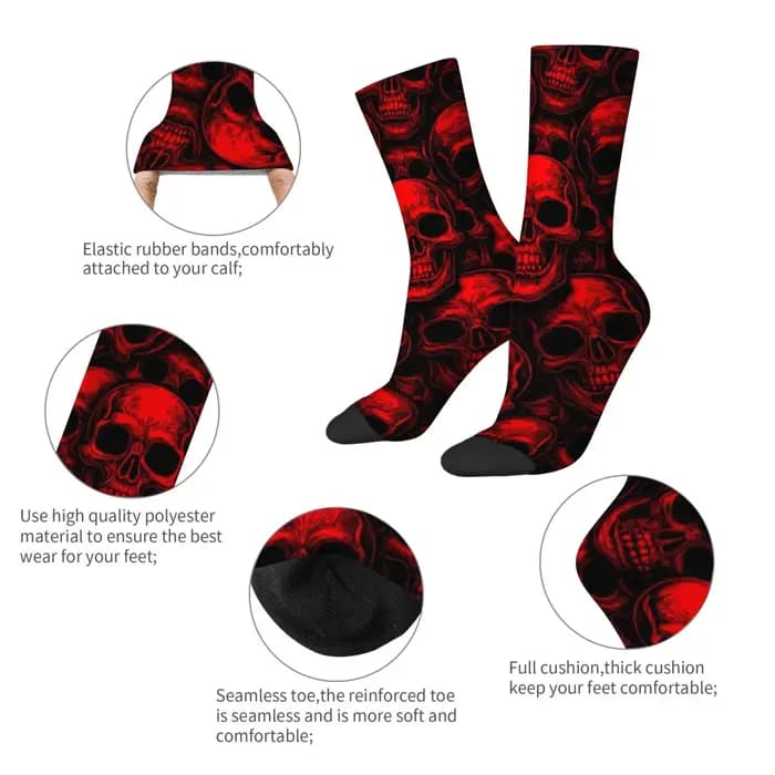 Chaussettes Homme Légères et Ajustées Rouge et Noir à Motif Crâne pour Usage Quotidien