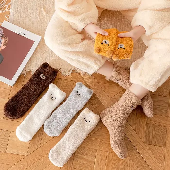 Femmes hiver chaud moelleux chaussettes maison sol sommeil Kawaii 3D ours mignon Animal épais polaire floue chaussette mode japonaise Style coréen