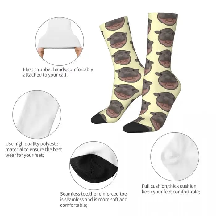 Moo Deng Pygmy Hippo criant chaussettes Kawaii bas unisexe hommes qualité cyclisme