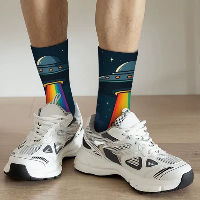 Chaussettes amusantes UFO arc-en-ciel vache rétro imprimé dessin animé