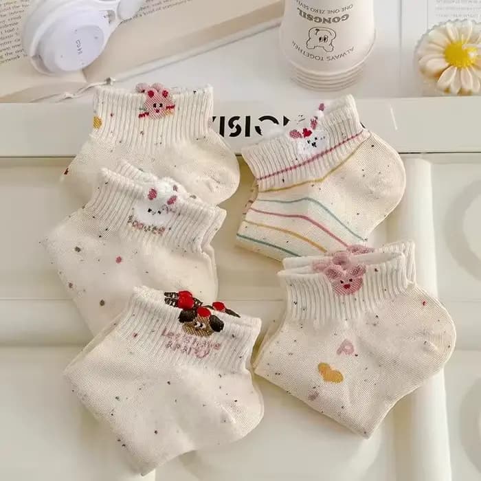 5 paires de chaussettes courtes en fil de points pour femmes, chaussettes décontractées respirantes et absorbant la sueur, à la mode, motif de dessin animé mignon, printemps/été