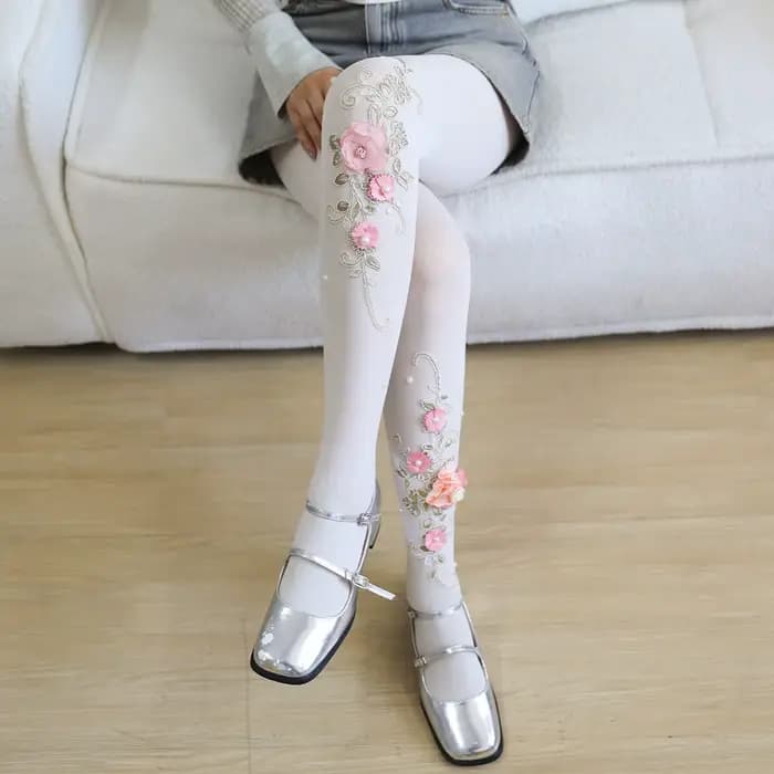 Collants femmes fleur broderie à la main perle diamant