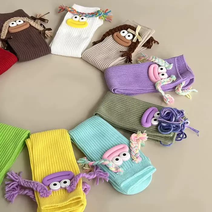 Femme mi-longue Kawaii dessin animé coloré chaussette fille grande bouche tresses drôle coton longues chaussettes