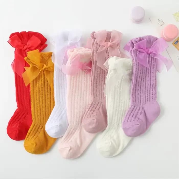 Bas longs pour bébés filles de 0 à 24 mois, chaussettes princesse de couleur unie, mignonnes avec nœud papillon, respirantes, à bouche ample, au-dessus du genou
