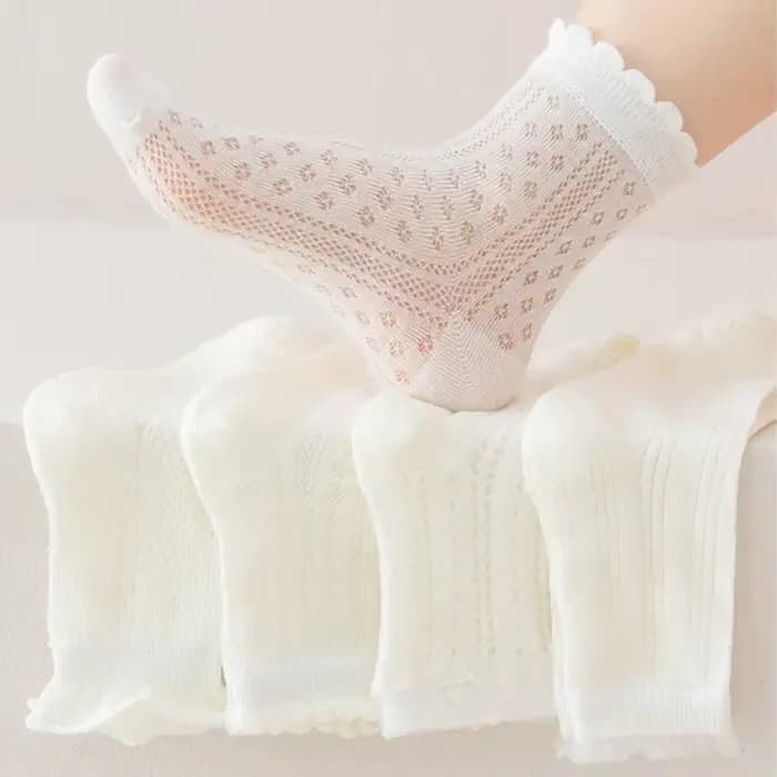5 paires de chaussettes blanches pour filles, chaussettes fines de printemps et d'été, chaussettes respirantes en maille pour enfants, chaussettes en dentelle pour bébés filles