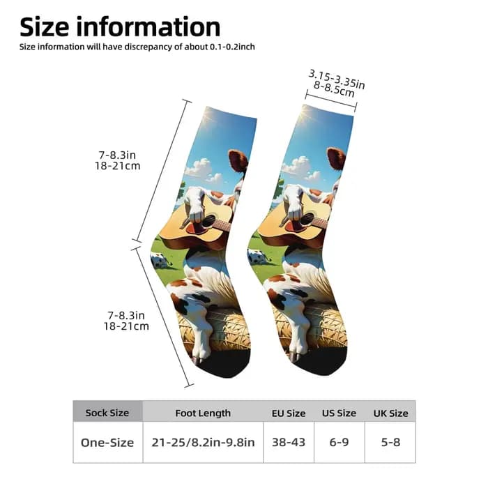 Chaussettes fantaisie drôles avec visage de vache, avec guitare, longueur mi-mollet, confortables, décontractées et à thème, Style rétro et ludique pour les fêtes