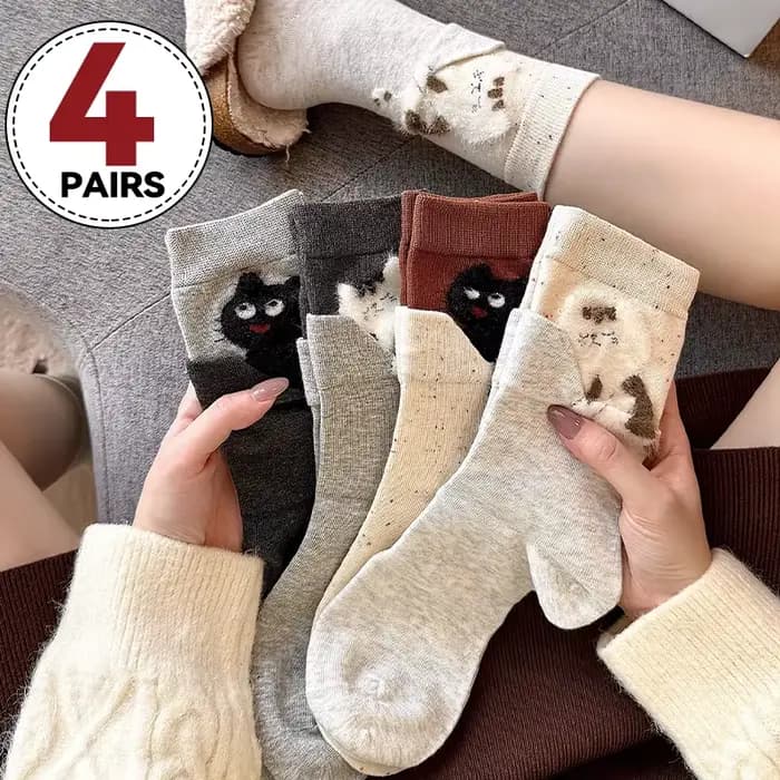 Kawaii dessin animé chaton polaire mi-mollet chaussettes bloc peluche chat imprimé automne chaud coton longue chaussette faux deux pièces Pile Up chaussettes