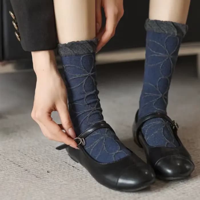 1/5 paires bleu marine rétro femmes mi Tube chaussettes à la mode Texture classique bords roulés pour toutes les
