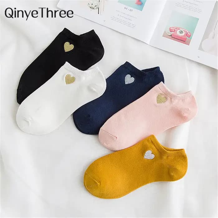Mignon broderie or argent coeur chaussettes femmes belle drôle paillettes amour Sokken Art cheville Calcetines livraison directe
