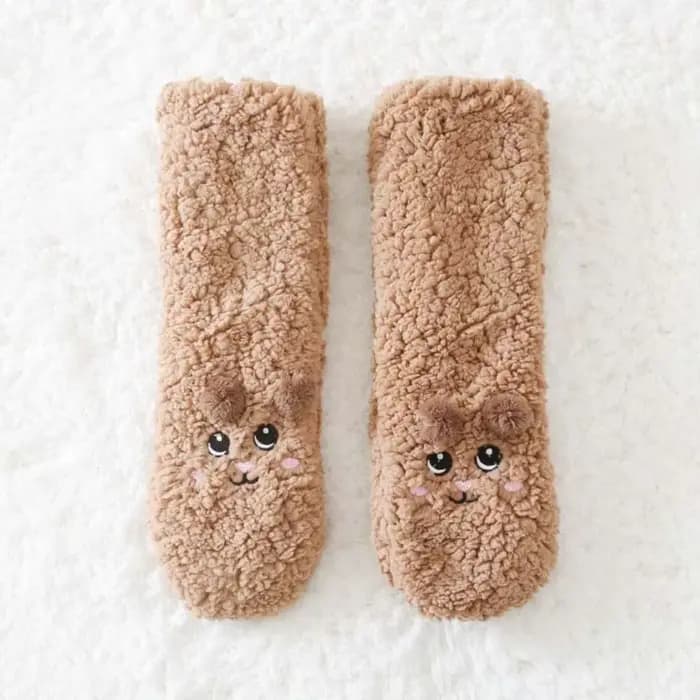 Chaussettes thermiques épaisses brodées mignonnes, chaussettes de couchage antidérapantes en peluche, chaussettes polaires d'hiver pour femmes, hommes et femmes