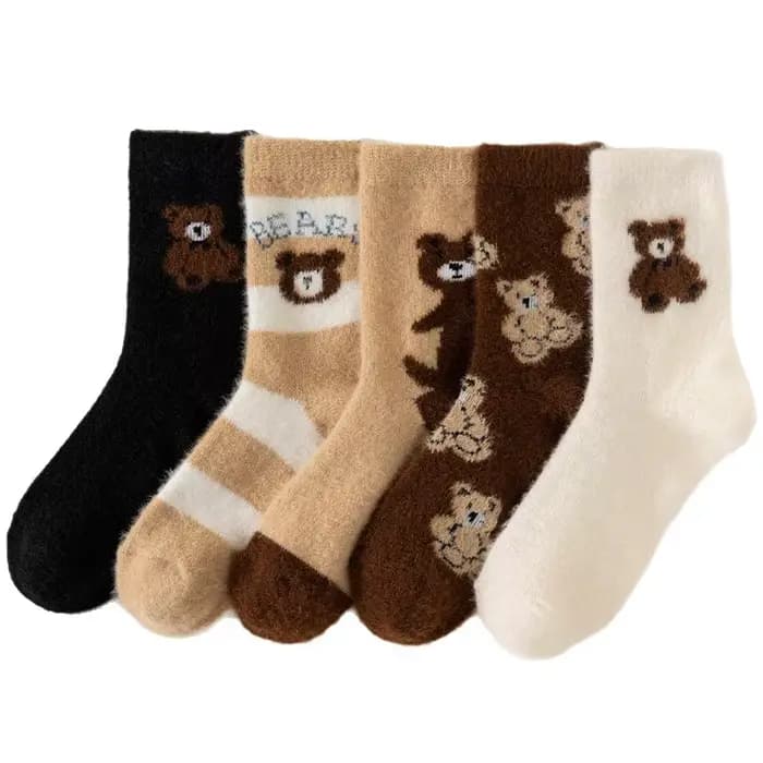 5 paires de chaussettes pour femmes ensemble ours en peluche hiver chaud épais fourrure de vison