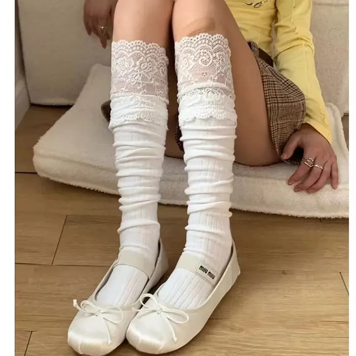 Lolita Optics Cuissardes en dentelle pour femmes, bas chauds, chaussettes longues, sexy, noir, blanc, mignon, solide, document, botte, automne, hiver