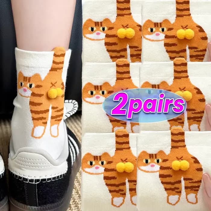 1/2 paires dessin animé chat mignon 3D boules drôles chaussettes Kawaii chaton tricot