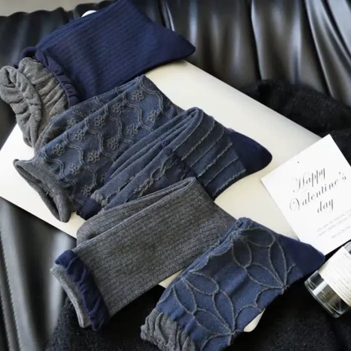 1/5 paires bleu marine rétro femmes mi Tube chaussettes à la mode Texture classique bords roulés pour toutes les