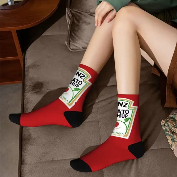 Chaussettes mi-mollet à motif tomate, étiquette de ketchup drôle imprimée, chaussettes unisexes, processus d'impression, meilleur choix pour la maison, cadeaux de sports de plein air