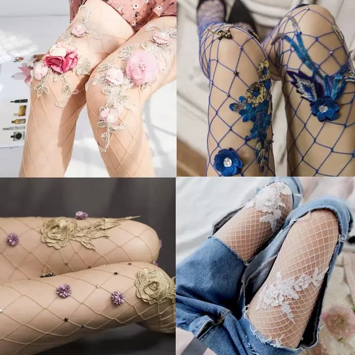 Sexy cuisse femmes résille collants bleu rose violet rouge Roses fleurs strass décoration motif collants bas maille dame