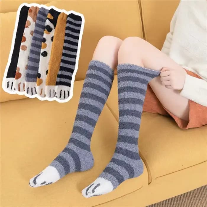 Patte de chat hiver chaussettes femmes longue rayure mignon sol sommeil épais filles dessin animé animaux doigts chaud