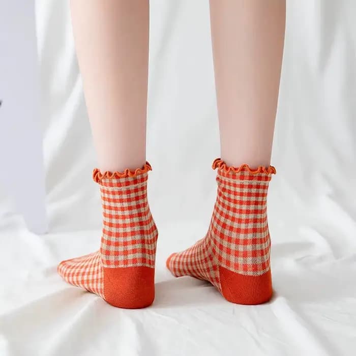 Chaussettes femme automne à carreaux rétro Vintage coton