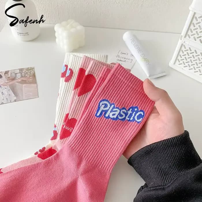 Chaussettes en coton à cœur rose pour femmes, doux, amour, tube moyen, joli, thème rose, décontracté, sport, rue, mignon