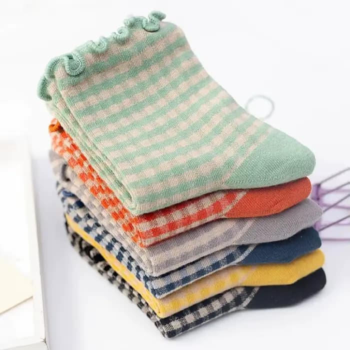 Chaussettes femme automne à carreaux rétro Vintage coton