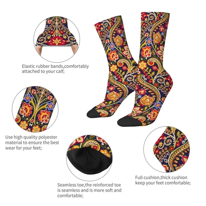 Chaussettes ethniques bohèmes vintage à motifs floraux, chaussettes décontractées à la mode pour hommes, confortables, respirantes, antidérapantes, pour le cyclisme en plein air, les sports