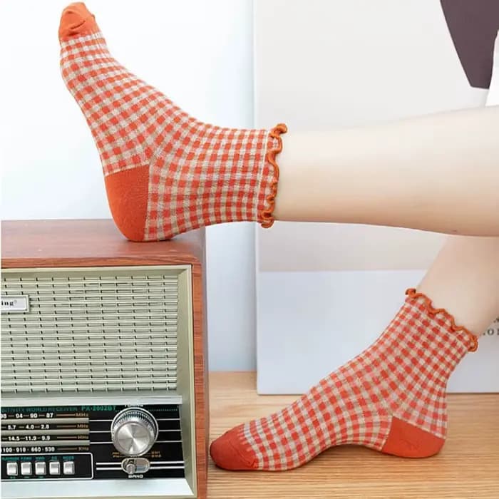 Chaussettes femme automne à carreaux rétro Vintage coton